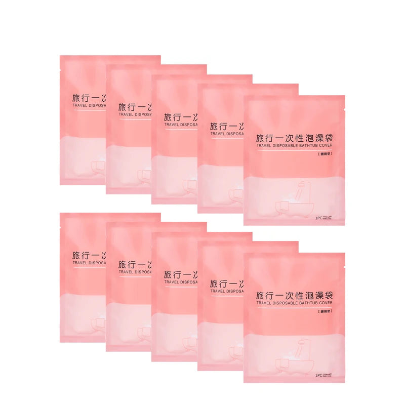 A set of pink disposable bathtub covers and liners for travel.
