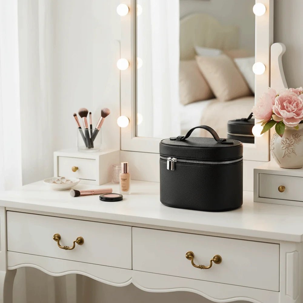 A black travel makeup organizer with a zipper closure sits on a white dresser next to a mirror.