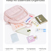 A pink quilted laptop backpack is shown with various essentials like a phone, power bank, sunglasses, and other small items.