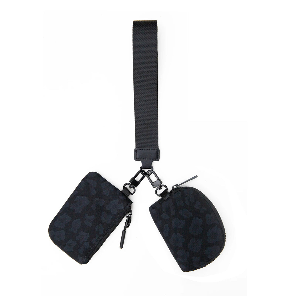 Black mini nylon zip wristlet coin purse with a black strap and attached key ring.