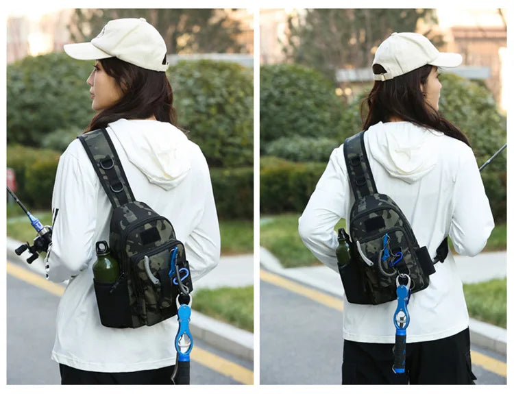 A woman wearing a white hoodie and a beige hat is shown from behind carrying a black tactical fishing gear storage chest bag.