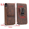 Brown PU leather phone waist pouch with a black belt clip shown in various dimensions.