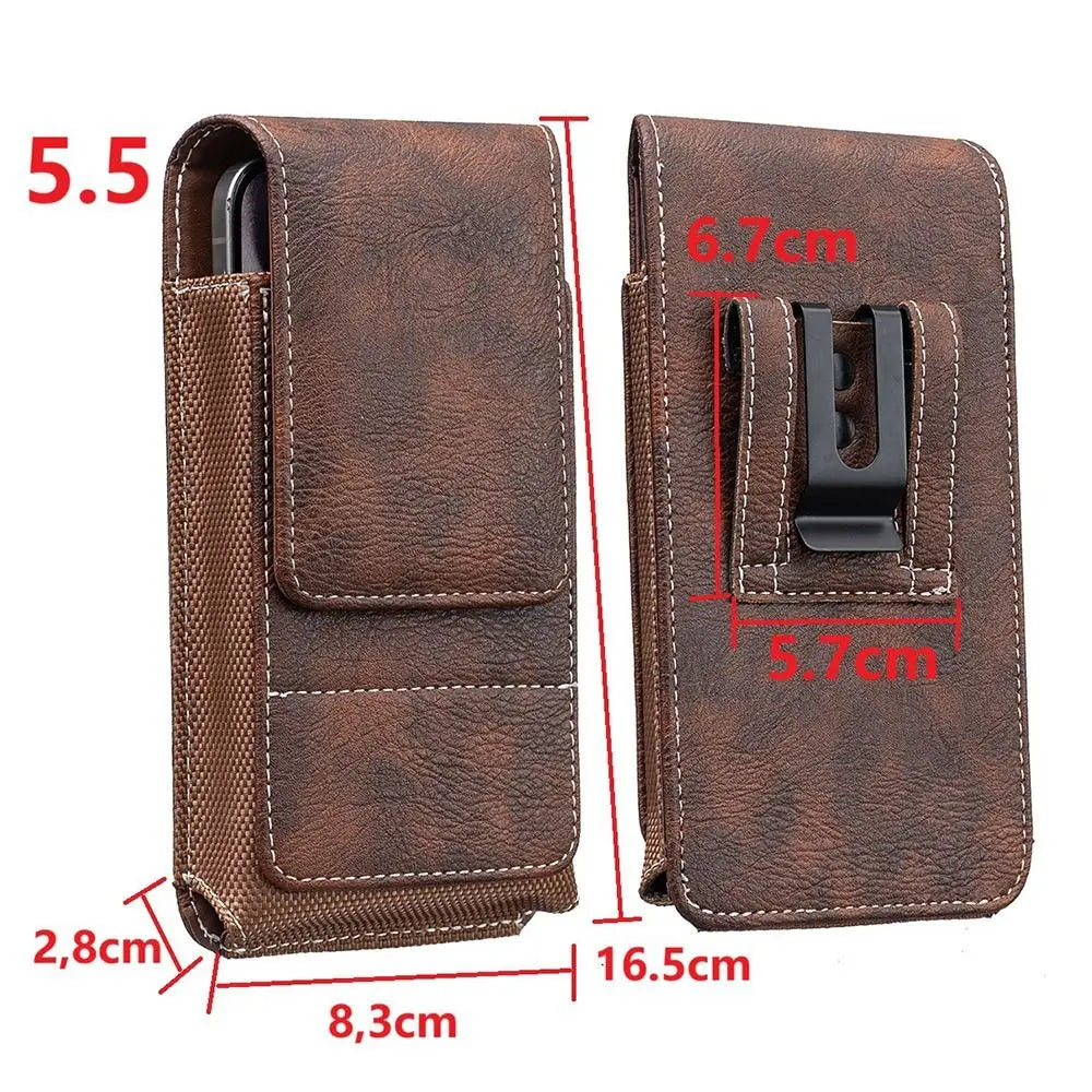 Brown PU leather phone waist pouch with a black belt clip shown in various dimensions.