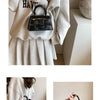 A woman holds an elegant black square crossbody bag with a silver chain strap against a light gray sweater and pleated skirt.