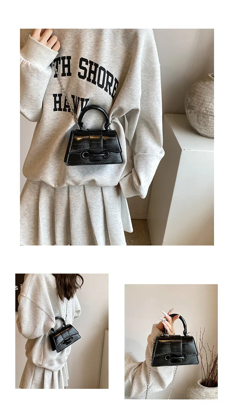 A woman holds an elegant black square crossbody bag with a silver chain strap against a light gray sweater and pleated skirt.