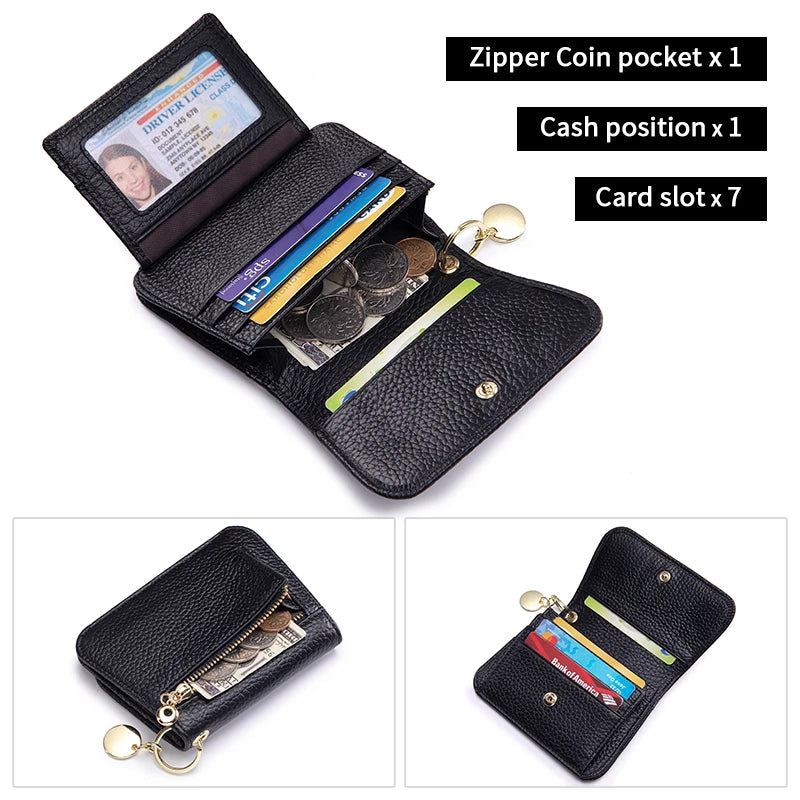 Black genuine leather RFID blocking women's wallet with zipper coin pocket and card slots