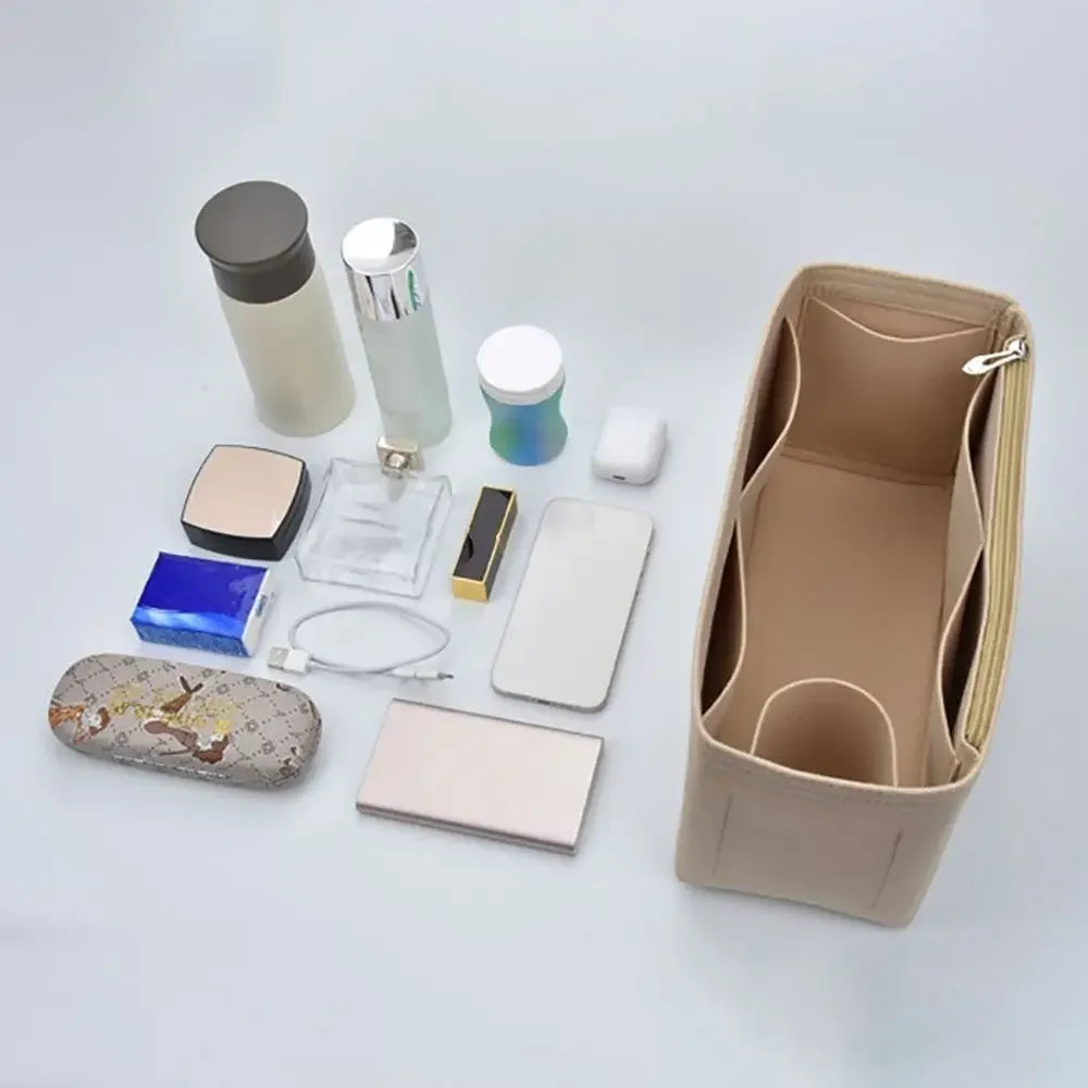 A collection of felt insert liners and accessories for handbags, including various shapes and colors.