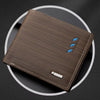 A brown leather men's stripe multi-function wallet with blue accents shown diagonally on a dark background.