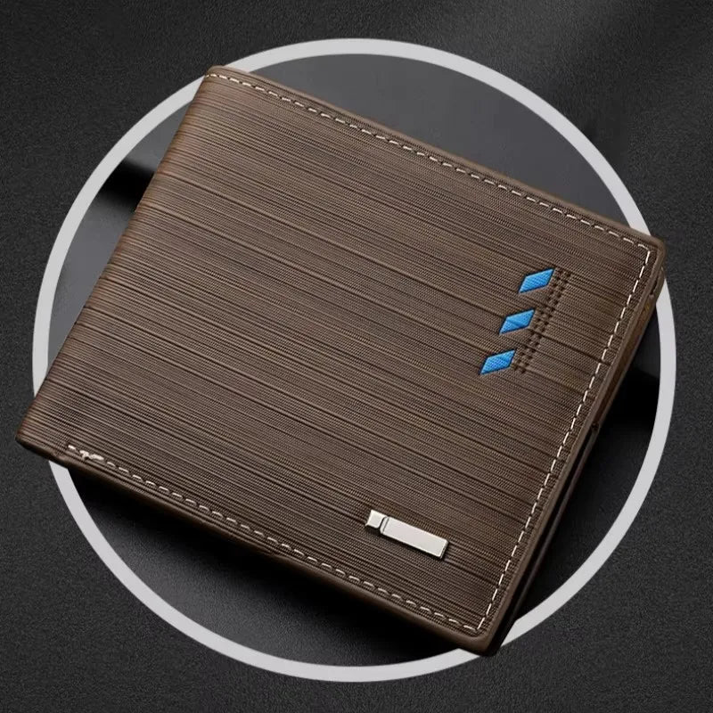A brown leather men's stripe multi-function wallet with blue accents shown diagonally on a dark background.