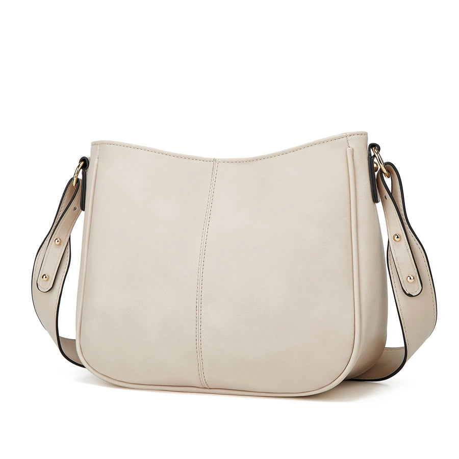 A beige PU leather shoulder crossbody bag with a flap and leather trim.