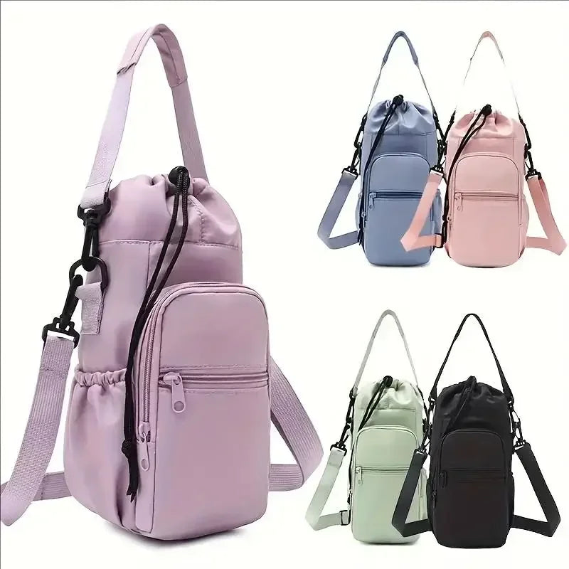 Various pink and gray insulated water bottle crossbody bags with phone pockets shown in different angles