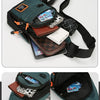 A green nylon chest bag with multiple zippered pockets and a black strap, showing front and internal views.
