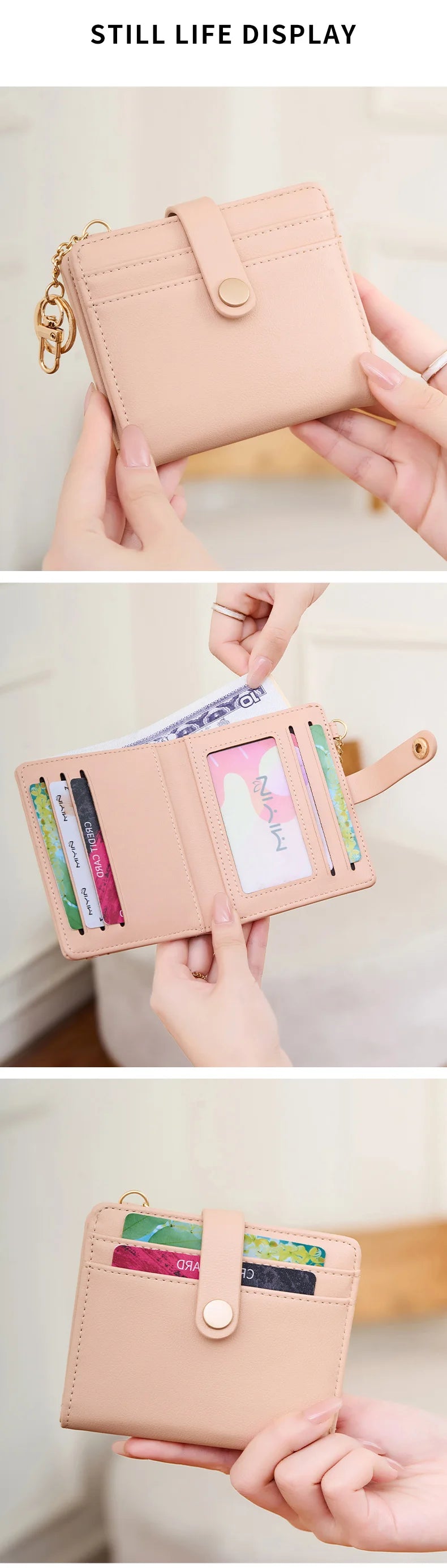 A light pink minimalist wallet is displayed, showing its interior with cards and IDs.