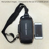A black durable men's oxford sling bag is shown next to a smartphone for scale comparison.