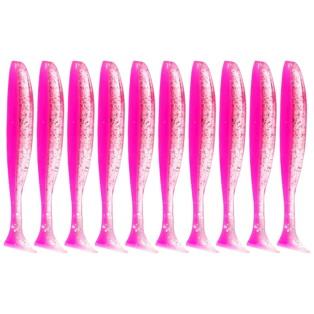 A row of pink adjustable soft lure fishing tackle baits.