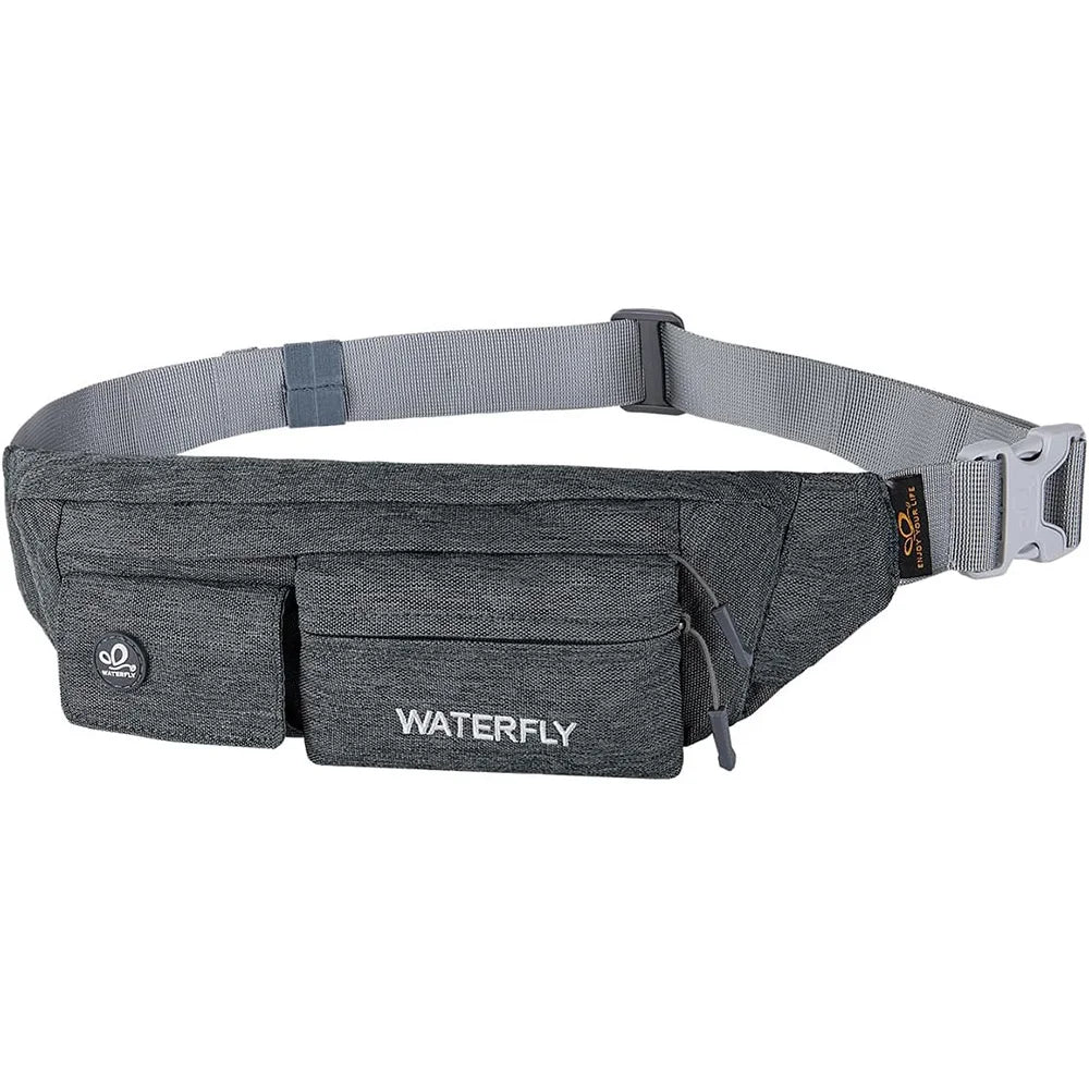 Gray waist bag with a hidden security compartment and adjustable strap.