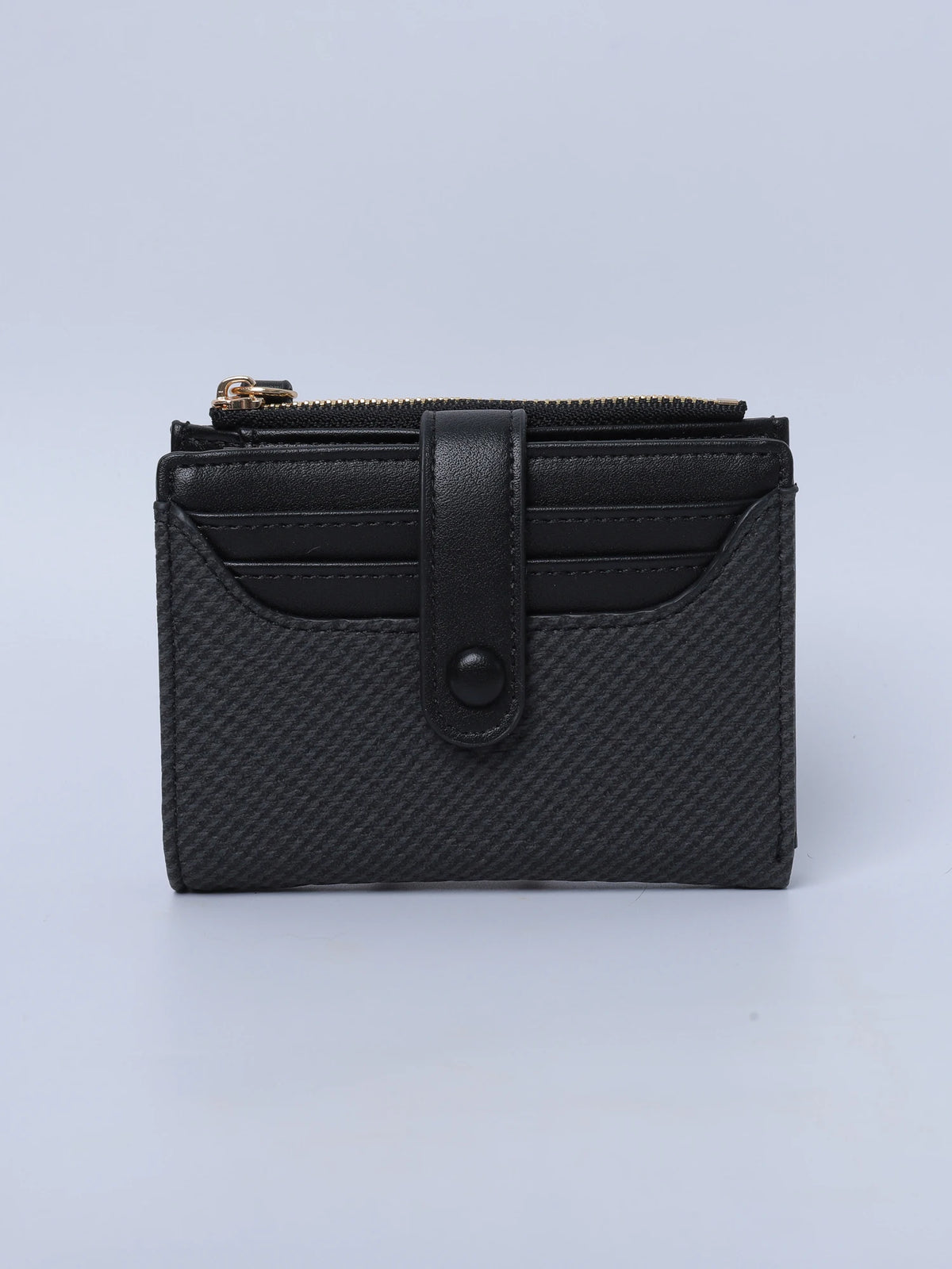 A black premium PU leather bi-fold wallet with a flap closure and gold-toned hardware.