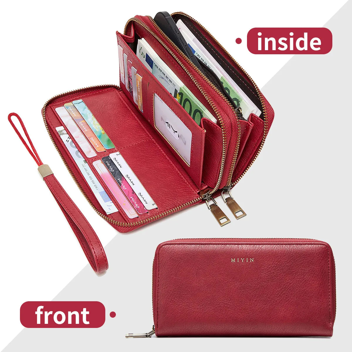 A red leather wallet shown with the inside and front open, displaying various cards and cash.
