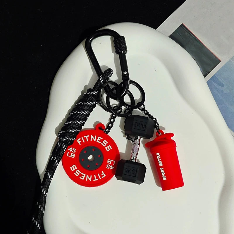 A red fitness keychain with a bottle attached, featuring a D-shape nylon design.