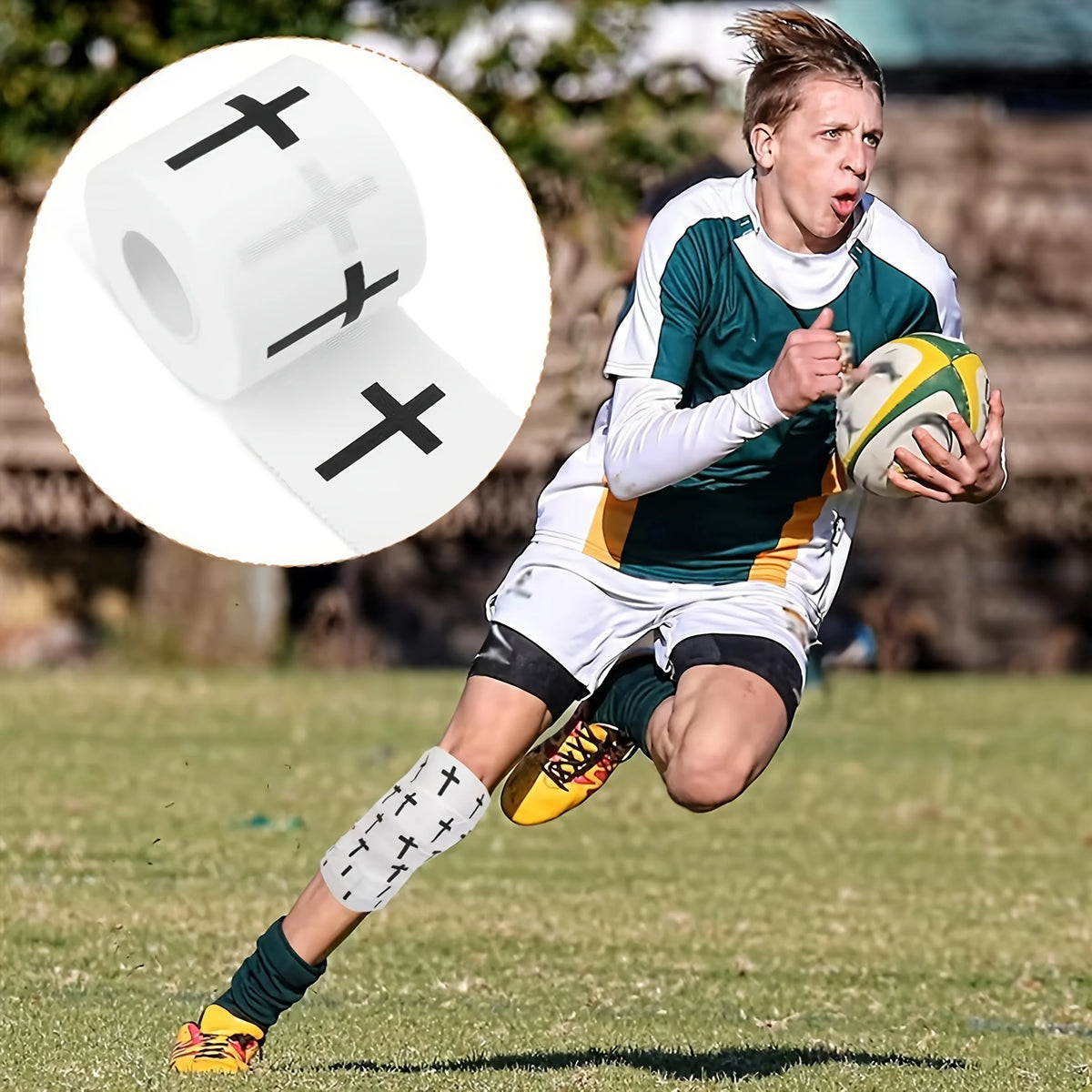 A male athlete in a green and white uniform runs while holding an oval ball, with a circular inset showing athletic wristband