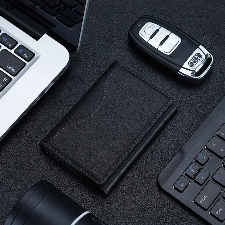 A black magnetic leather card wallet is shown next to a laptop keyboard and other accessories on a dark surface.