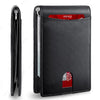 Black slim synthetic leather bi-fold wallet with a red accent and textured finish