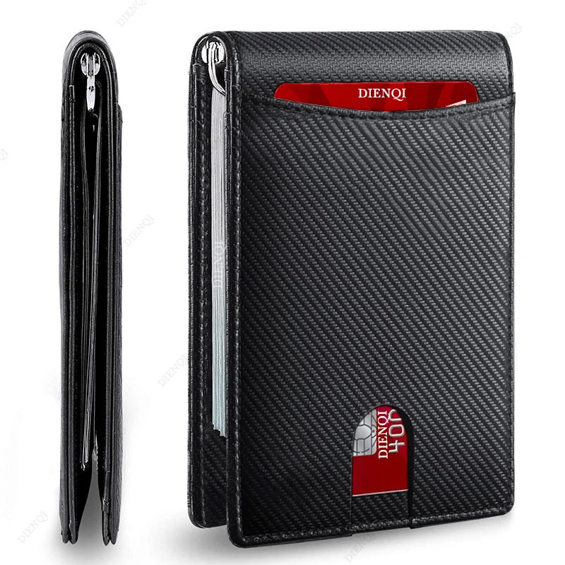 Black slim synthetic leather bi-fold wallet with a red accent and textured finish