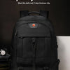 A black durable travel backpack is shown against a dark background.