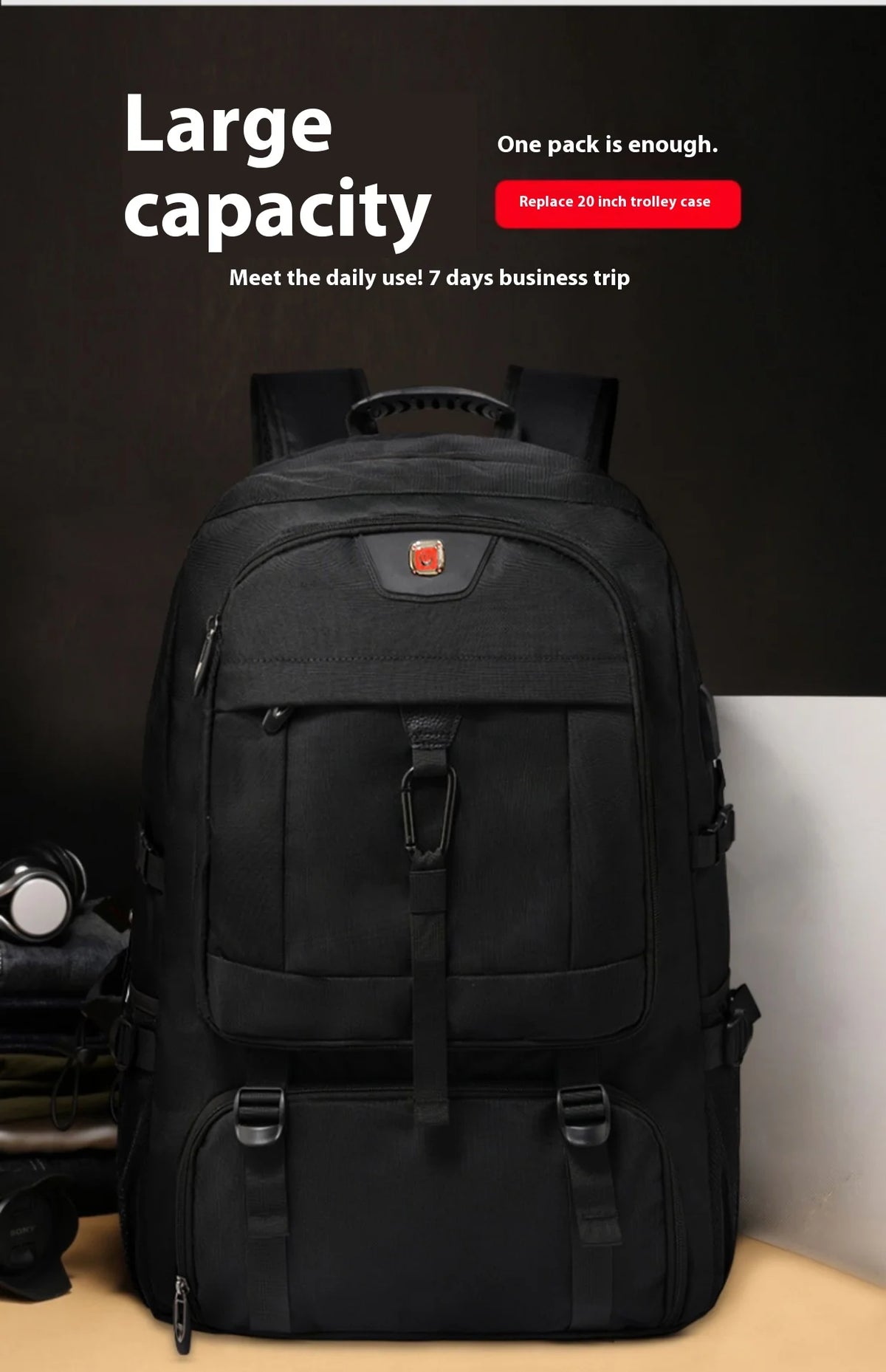 A black durable travel backpack is shown against a dark background.