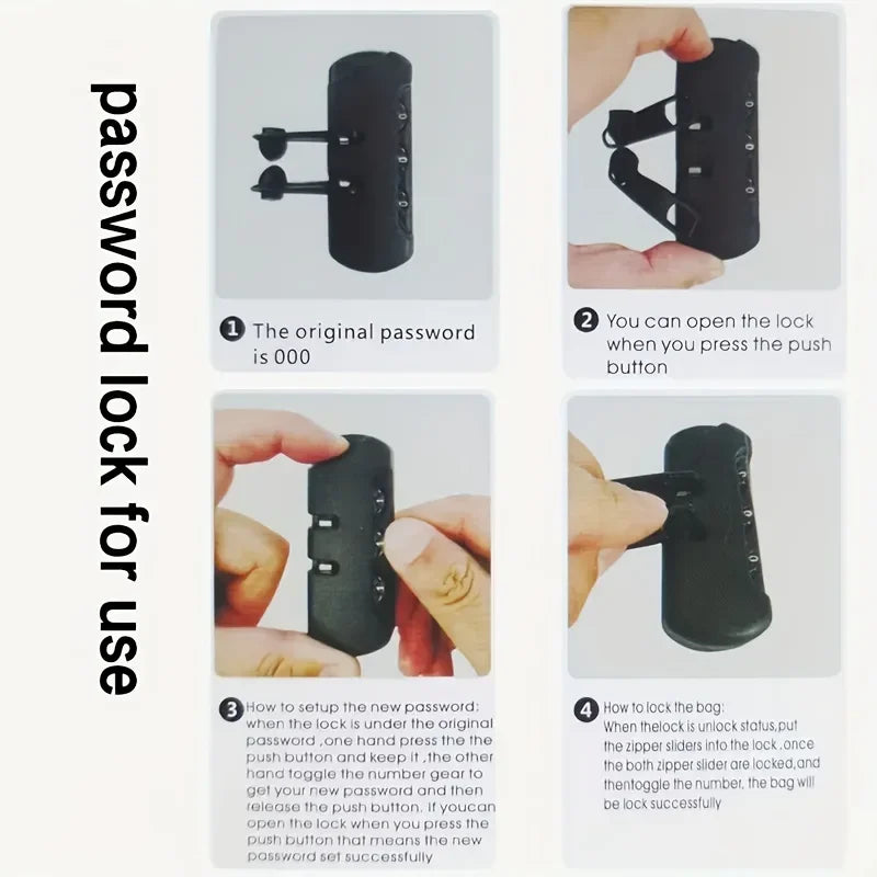 Instructions showing how to use a password lock on a black sling bag