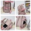 A pink Korean style women's backpack with padded laptop compartment and pink straps shown from various angles.