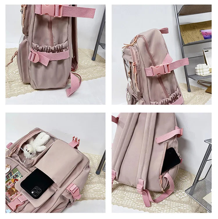 A pink Korean style women's backpack with padded laptop compartment and pink straps shown from various angles.