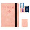 A pink leather passport wallet with an RFID blocking feature and travel documents.