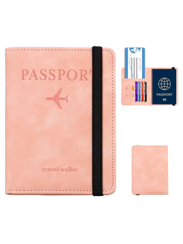 A pink leather passport wallet with an RFID blocking feature and travel documents.