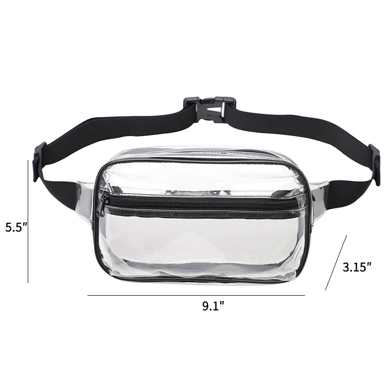 Clear PVC waist bag with an adjustable black strap shown from the top view.