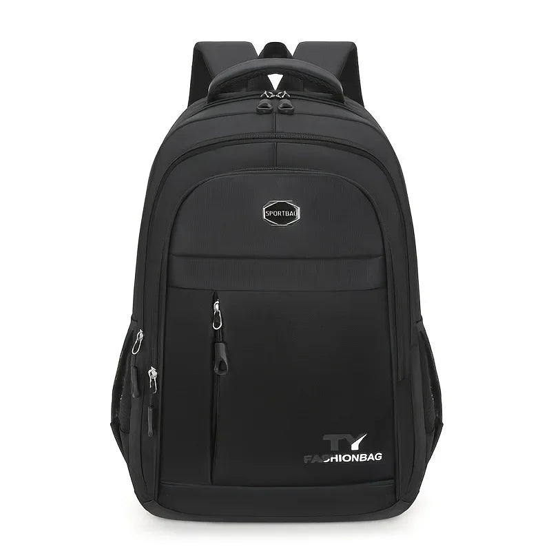 Black men's large capacity waterproof casual backpack with a laptop compartment