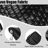 Close-up view of black soft woven vegan fabric texture and details like stitching and strap construction.