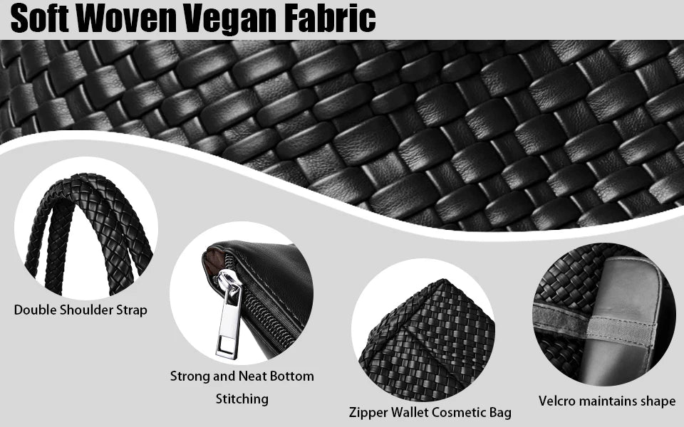 Close-up view of black soft woven vegan fabric texture and details like stitching and strap construction.