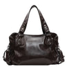 A dark brown vintage style leather tote bag with a crossbody strap.
