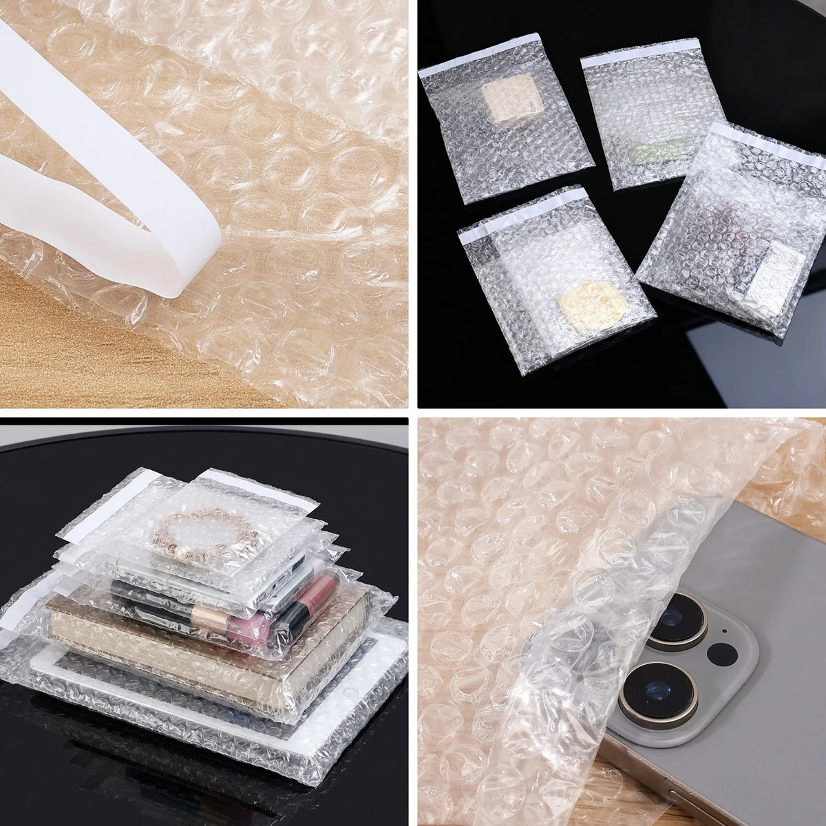 Several clear self-sealing bubble mailer bags with protective cushioning are shown on a black surface.