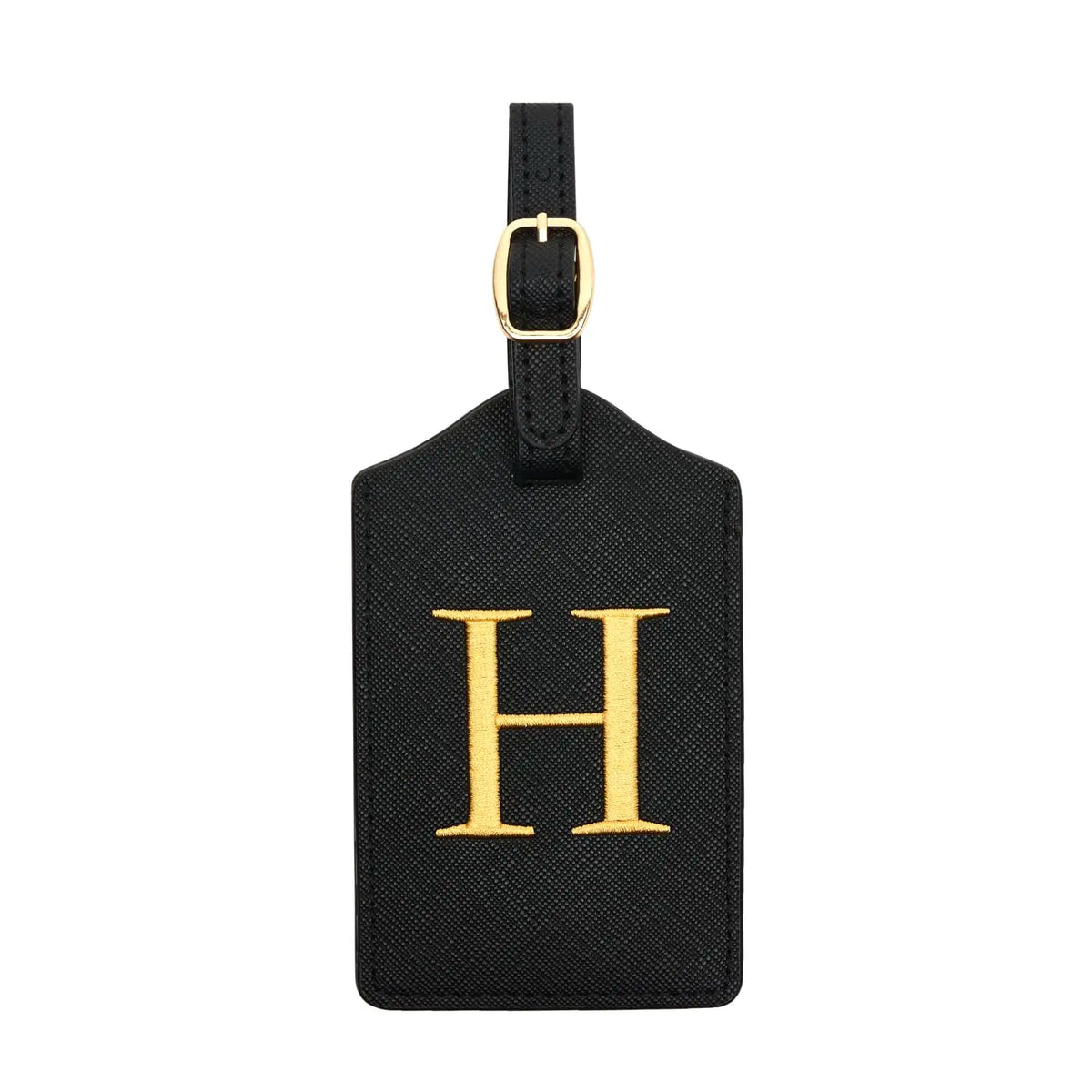 Black PU leather luggage tag with a gold letter H and a metal loop for attachment.
