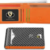 An orange leather card holder featuring a black geometric pattern and a gold logo.