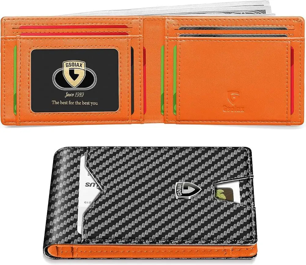 An orange leather card holder featuring a black geometric pattern and a gold logo.