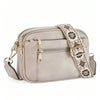 A light gray retro square crossbody bag with a patterned strap and gold hardware.