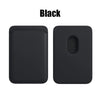 Black MagSafe leather card wallet shown in a flat lay view.