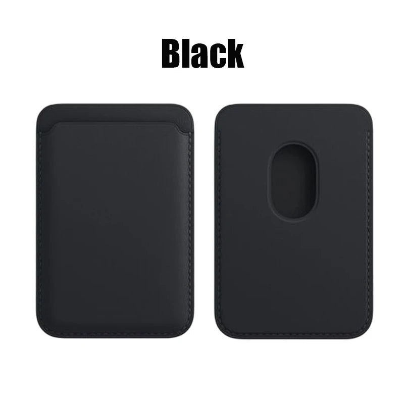 Black MagSafe leather card wallet shown in a flat lay view.
