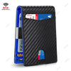 A black slim leather wallet with a carbon fiber texture and a blue RFID-blocking card slot.