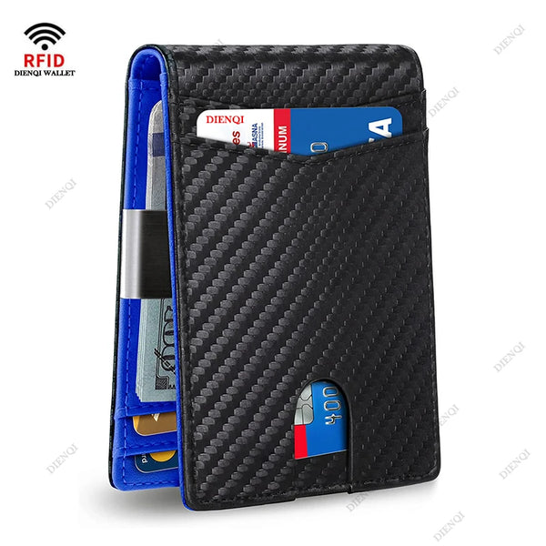 A black slim leather wallet with a carbon fiber texture and a blue RFID-blocking card slot.