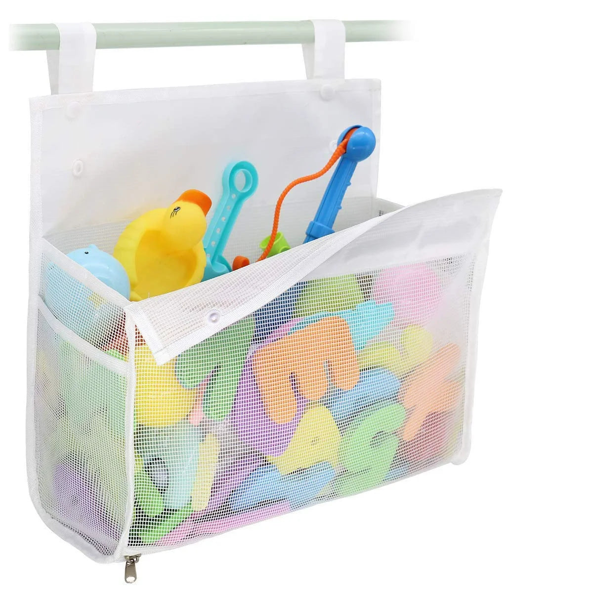 A white hanging organizer bag filled with colorful bath toys and a blue squeezy toy.