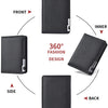 A black slim vertical men's card wallet shown from the front, inner, side, and back angles.